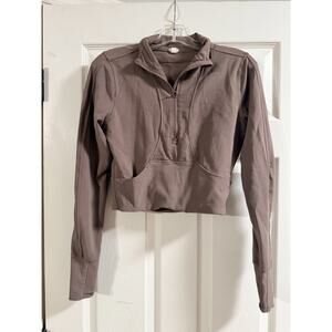 90 Degree By Reflex Womens Medium Brown Ribbed Quarter-Zip Cropped Pullover